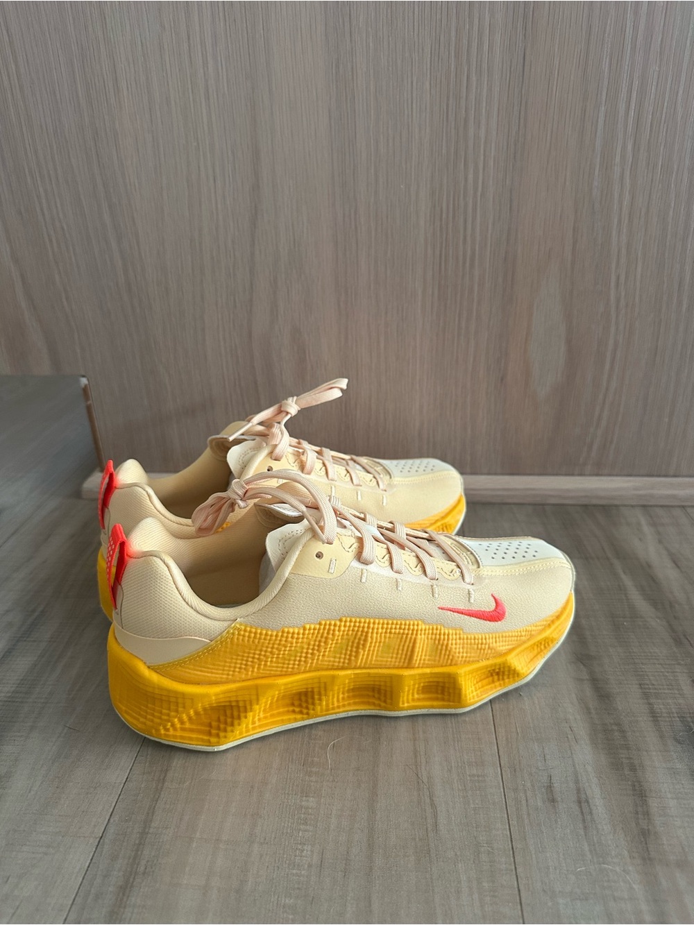 Nike Cream Low-Top Sneakers with Yellow/Orange Platform & Pink Swoosh